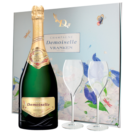Champagner Vranken - Demoiselle EO - Brut Tête de Cuvée - Mit Etui 2 Champagnergläser Champagner Vranken - Demoiselle EO - Brut Tête de Cuvée - Mit Etui 2 Champagnergläser